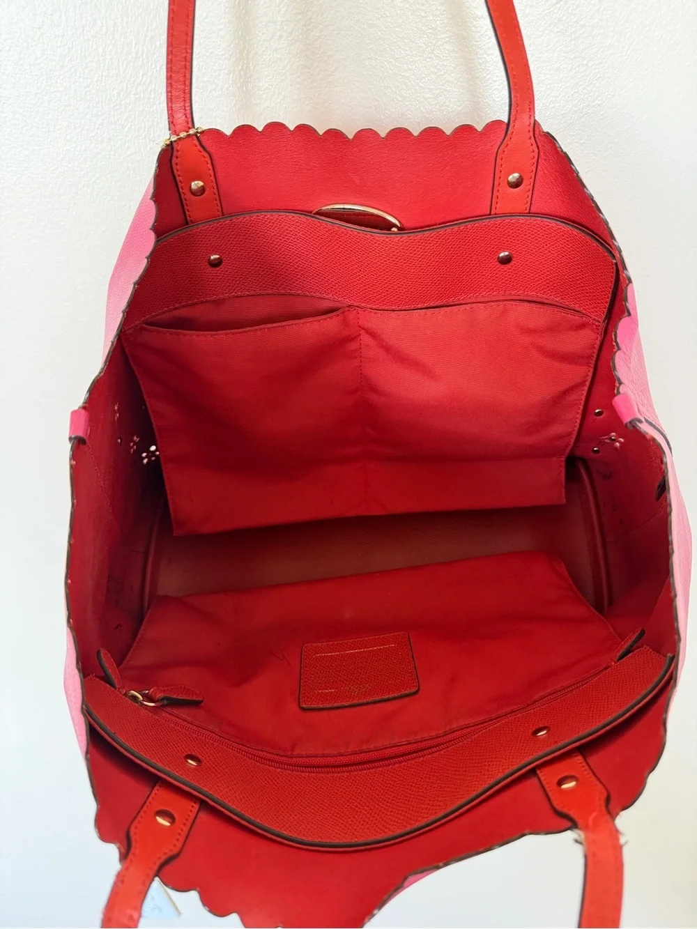 COACH Metro Fuschia Leather Tote w/ Floral Embellishments and Scalloped Top Edge